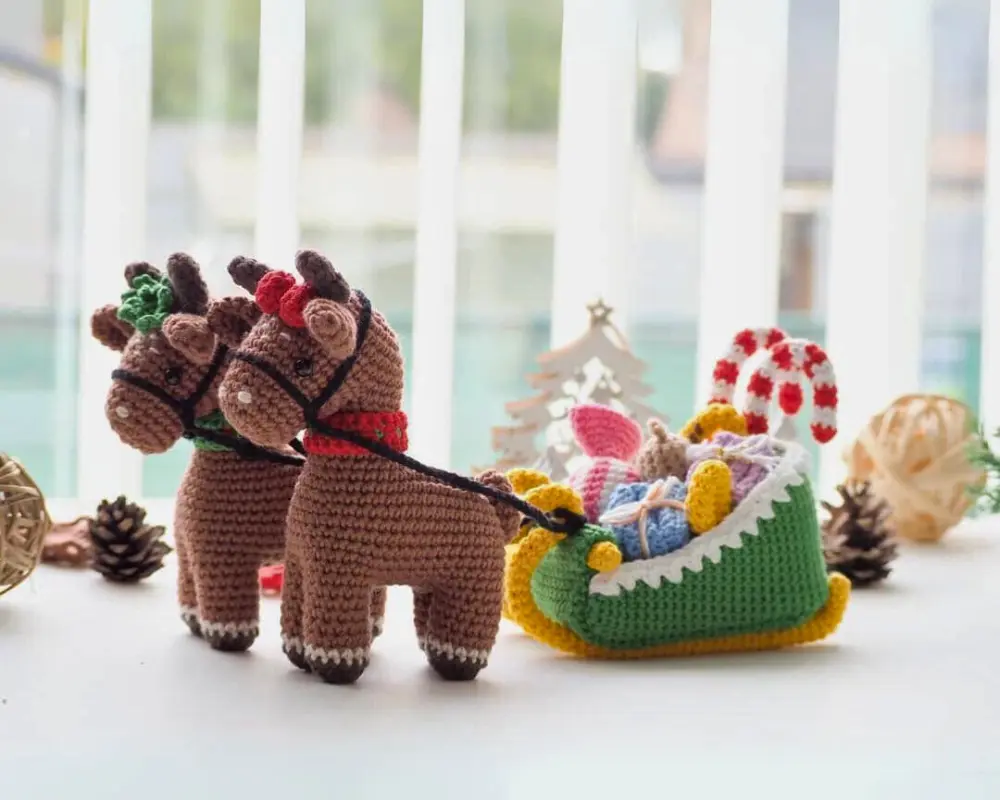 Renas com Carrinho do Papai Noel Amigurumi