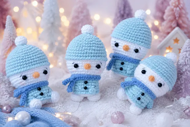 Passo a passo de broche boneco de neve amigurumi com gorro e cachecol azul em fundo aconchegante