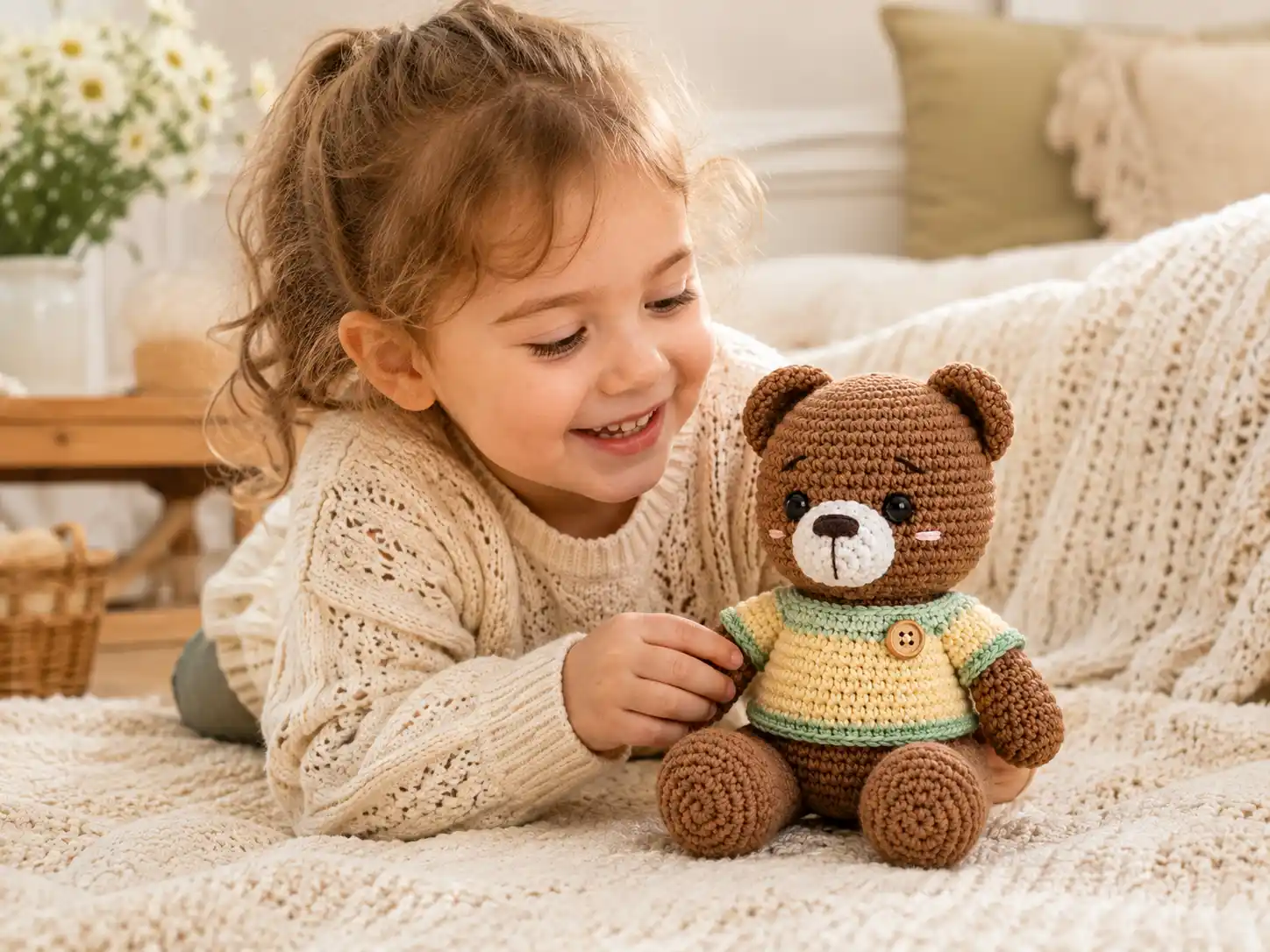 criança brincando com ursinho amigurumi marrom usando blusa de crochê