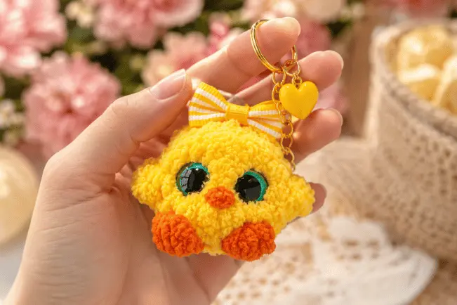 Pintinho amigurumi amarelo de pelúcia em formato de chaveiro com laço e patinhas laranja