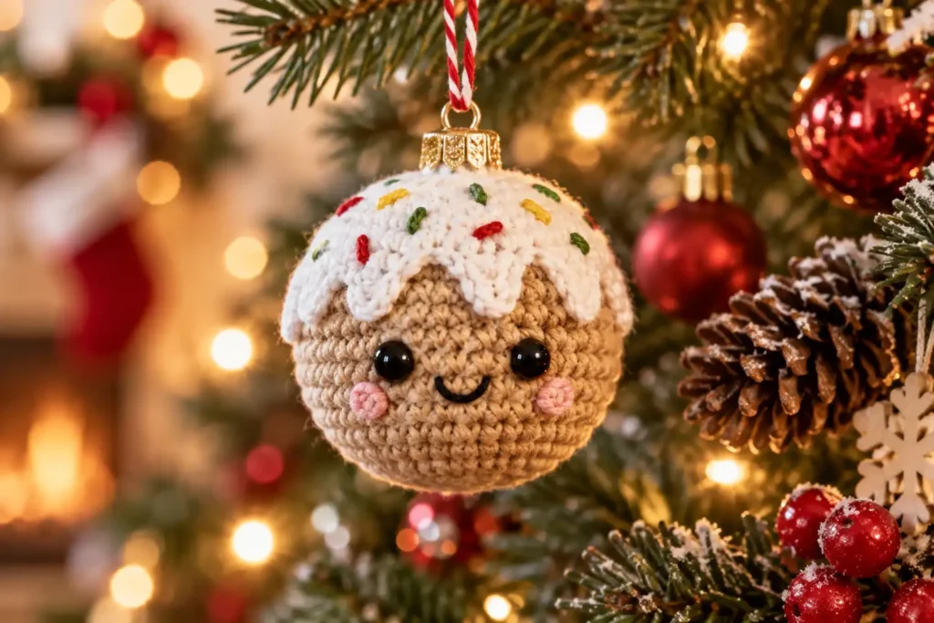 boneco de gengibre em crochê com glacê branco e confeitos coloridos pendurado na árvore de Natal