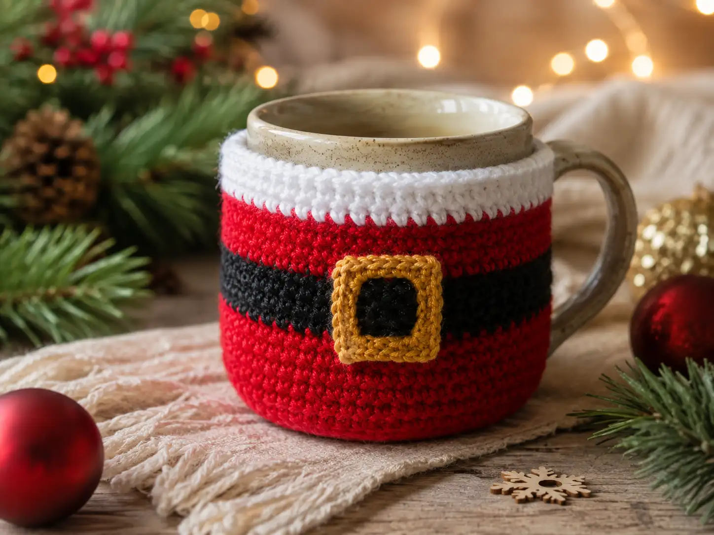caneca com capa de crochê de Natal vermelha com cinto preto e fivela dourada
