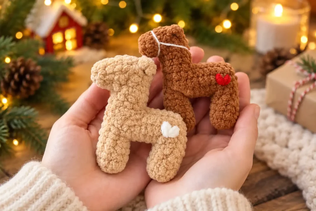 cavalinhos amigurumi de pelúcia em tons bege e caramelo sobre a mão em cenário aconchegante