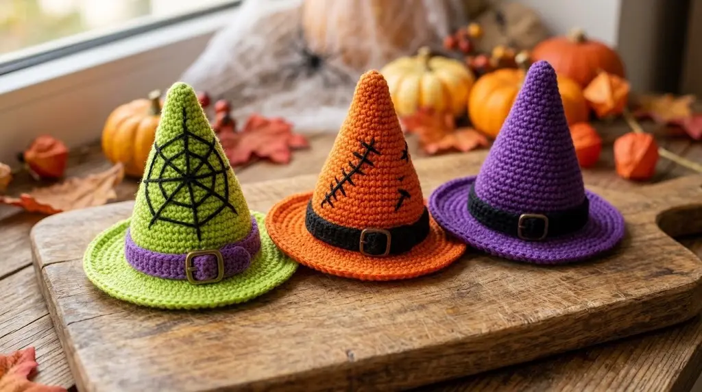 três chapéus de bruxa em crochê nos tamanhos pequeno médio e grande para Halloween