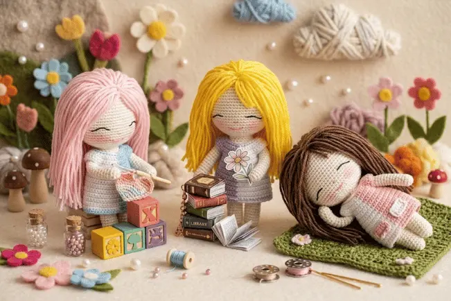Três bonecas de amigurumi com vestidos bi-color e cabelos coloridos de lã dispostas em um cenário artesanal delicado.