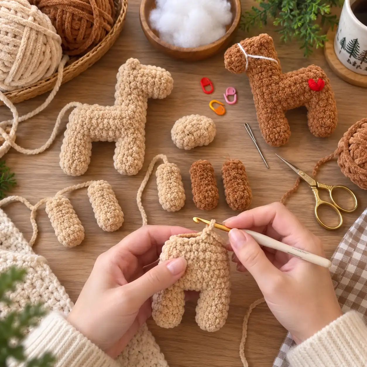processo de confecção do cavalinho amigurumi de pelúcia com peças separadas, fio de pelúcia e materiais de crochê