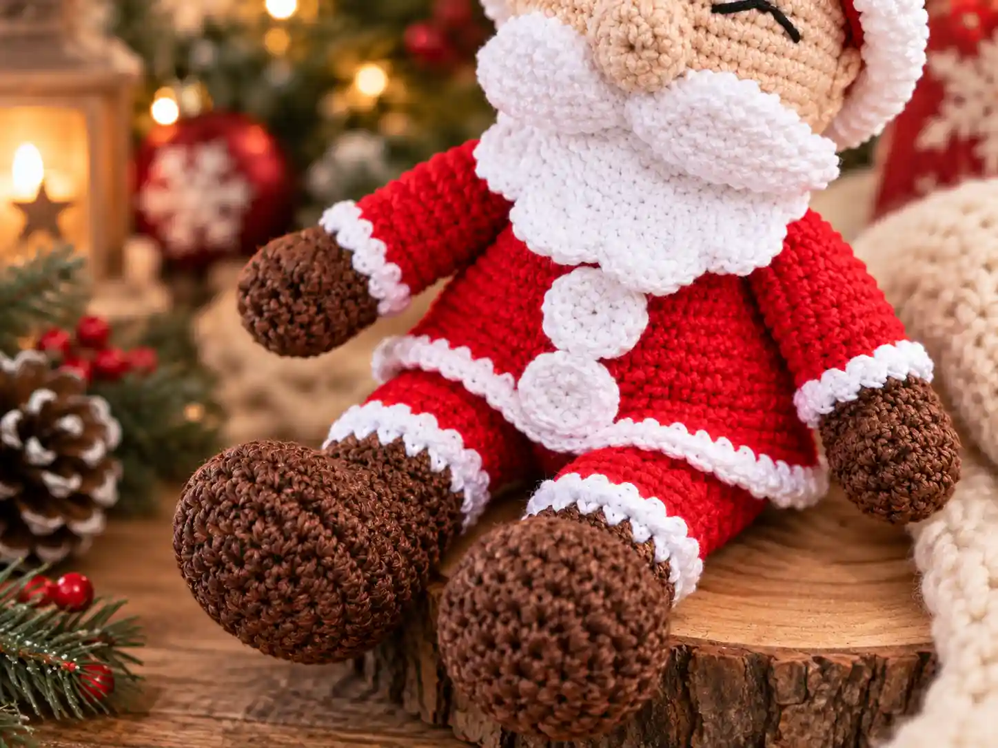 detalhes das botas marrons, pernas vermelhas e braços do Papai Noel amigurumi de crochê