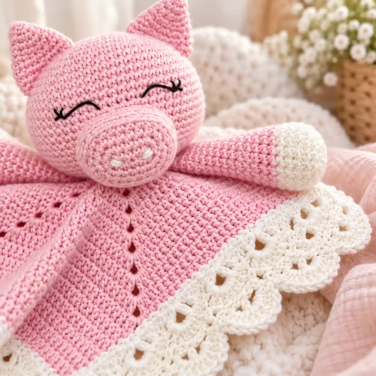 detalhe do rosto do porquinho e da borda de conchas da naninha de crochê rosa