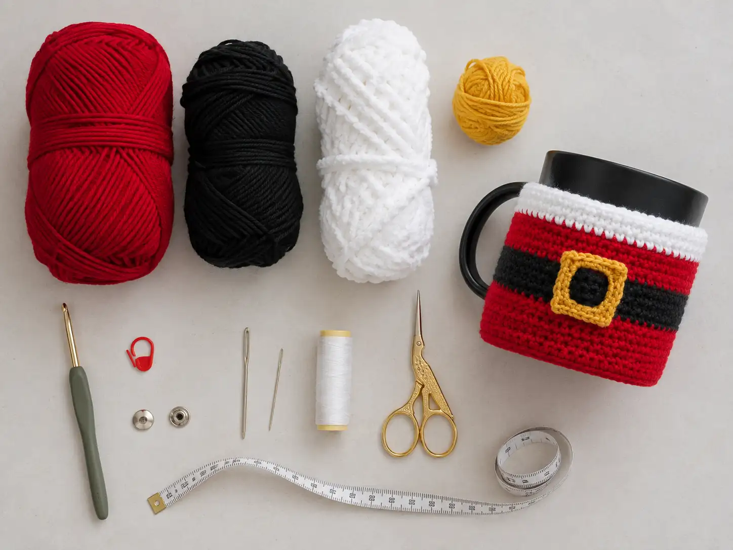 materiais para fazer capa para caneca de crochê natalina com fios vermelho preto branco e amarelo