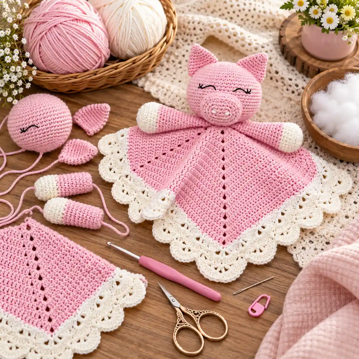 materiais para fazer naninha de porquinho em crochê com fios rosa e branco, agulha e enchimento