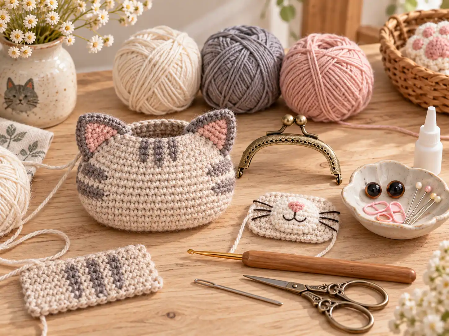 materiais para fazer porta-moedas de gatinho em crochê com fio, fecho metálico, olhos e agulha