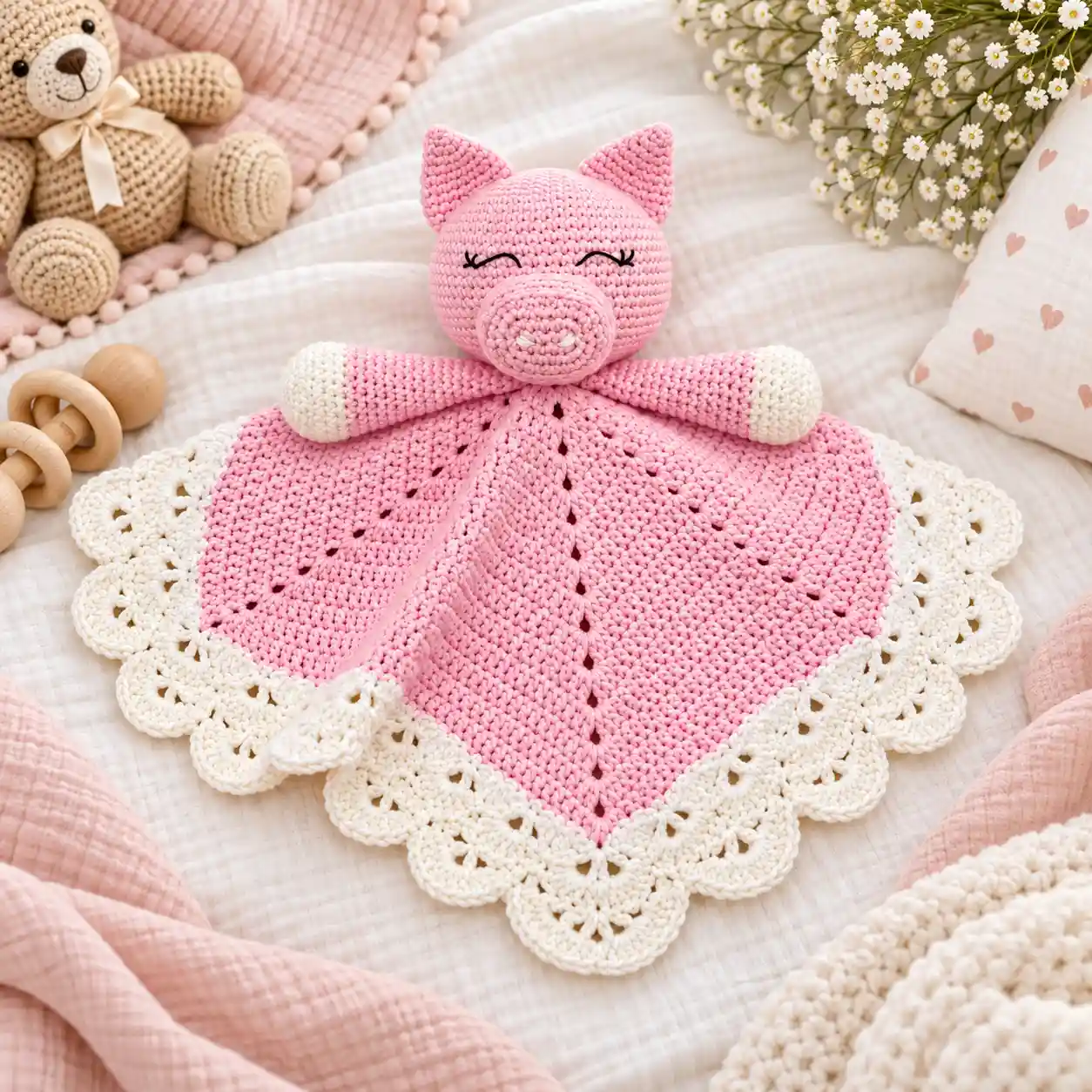 naninha de porquinho em crochê rosa sobre cama de bebê com borda branca