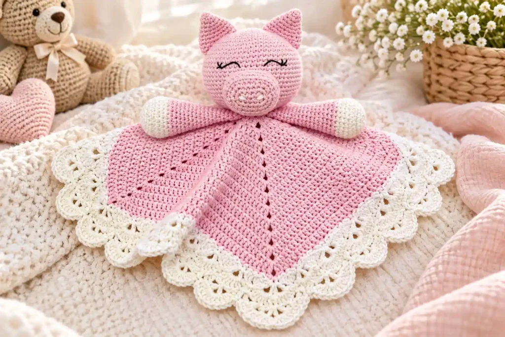 naninha de porquinho em crochê rosa com manta quadrada e borda branca de conchas