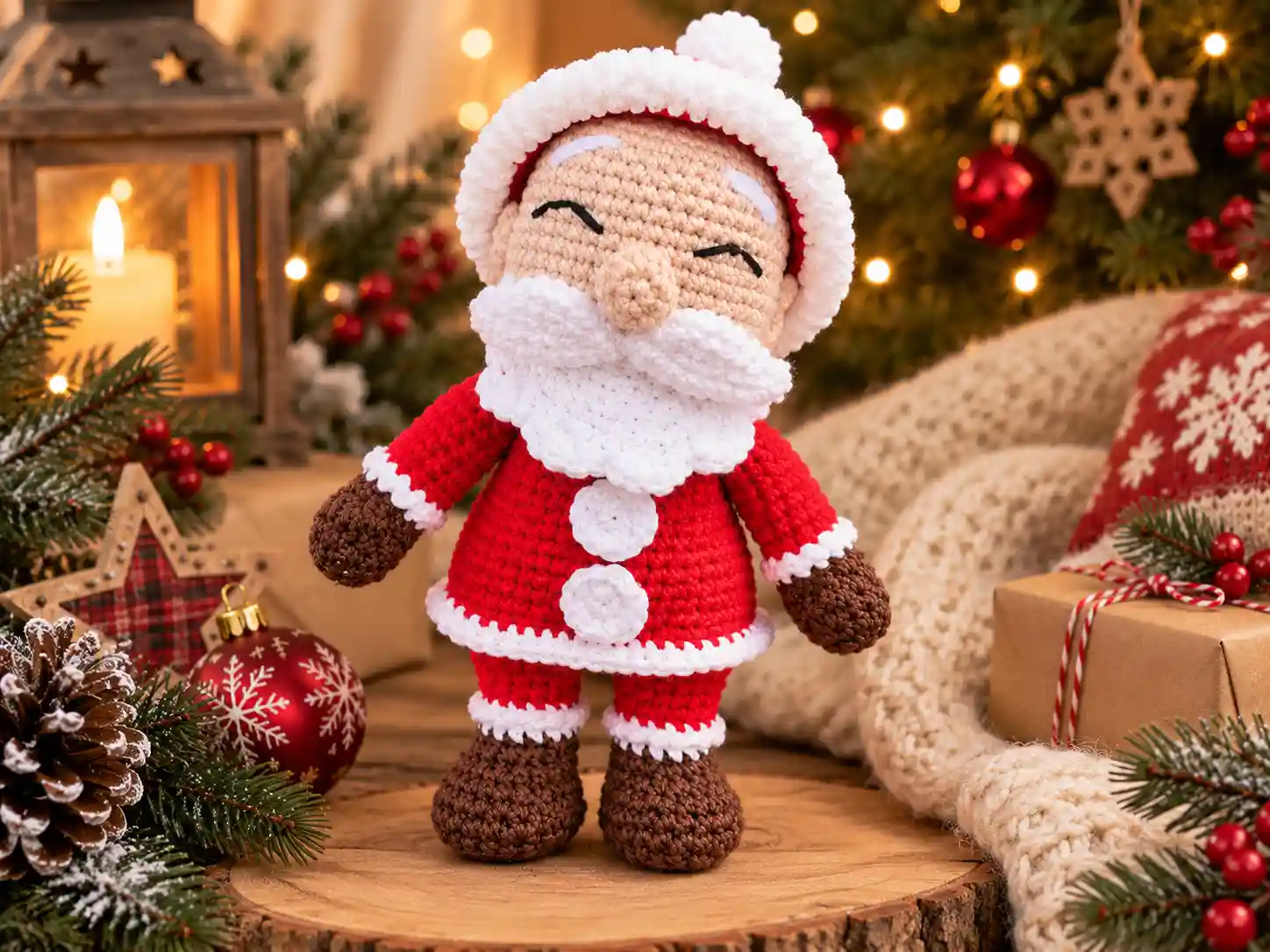 Papai Noel amigurumi finalizado com barba branca, roupa vermelha e detalhes de crochê