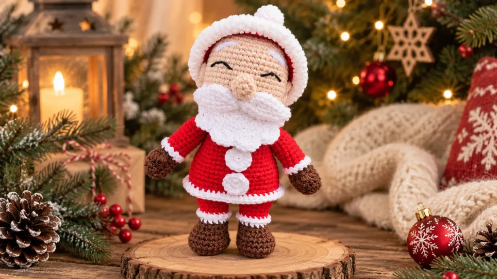 Papai Noel amigurumi de crochê com roupa vermelha, barba branca e botas marrons em cenário natalino