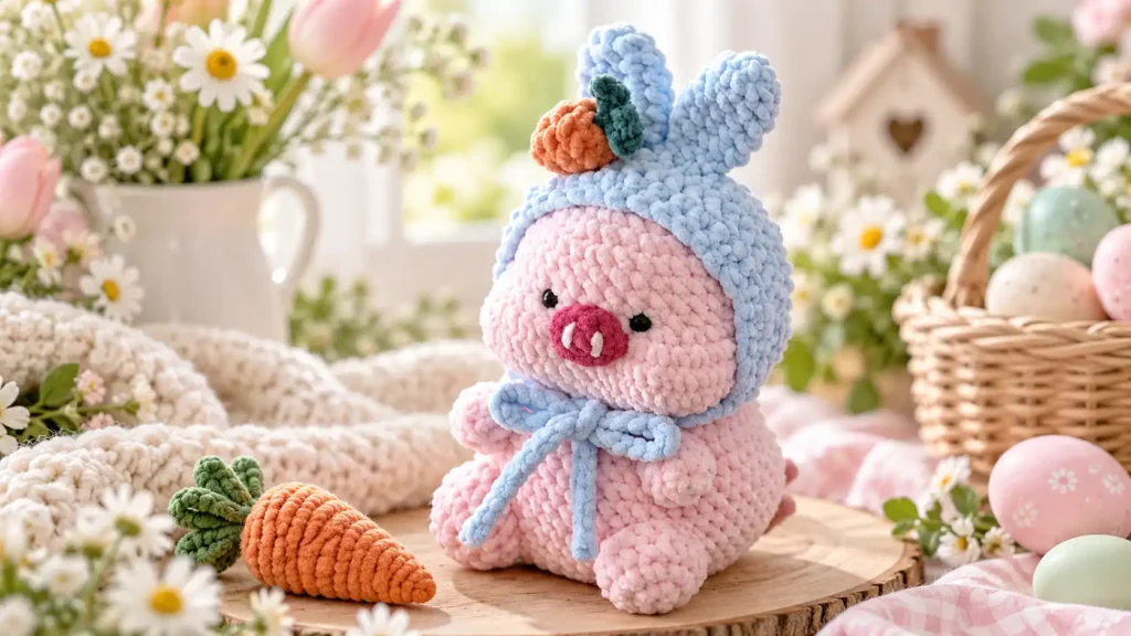 porquinho amigurumi rosa com gorro azul de coelho e cenoura de crochê em cenário delicado de Páscoa