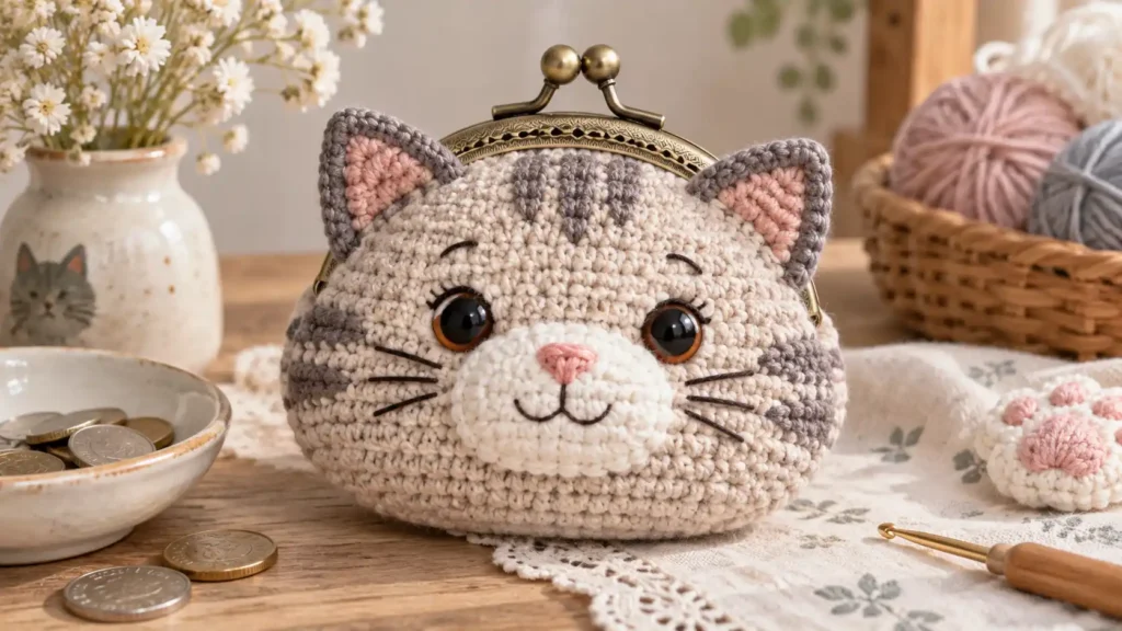 porta-moedas de gatinho em crochê com fecho metálico e rosto bordado sobre mesa artesanal