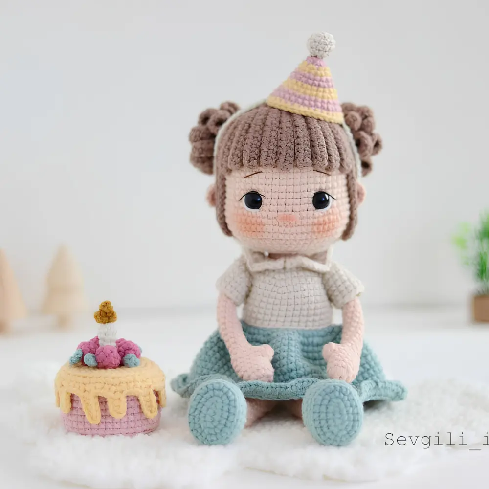 Boneca aniversariante em amigurumi com chapéu listrado, saia azul esverdeada e bolo decorativo