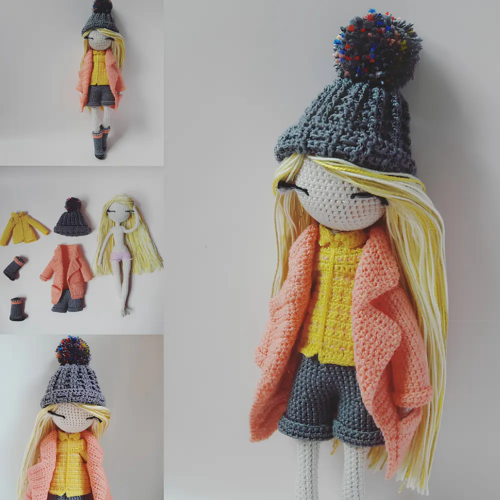 Boneca de inverno em amigurumi com cabelos loiros, touca cinza, casaco coral e blusa amarela