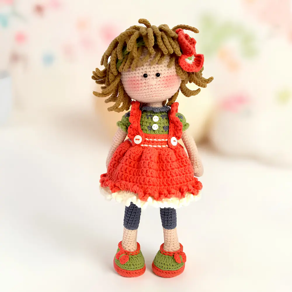 Boneca em amigurumi com cabelos castanhos, flor vermelha e vestido vermelho com detalhes verdes