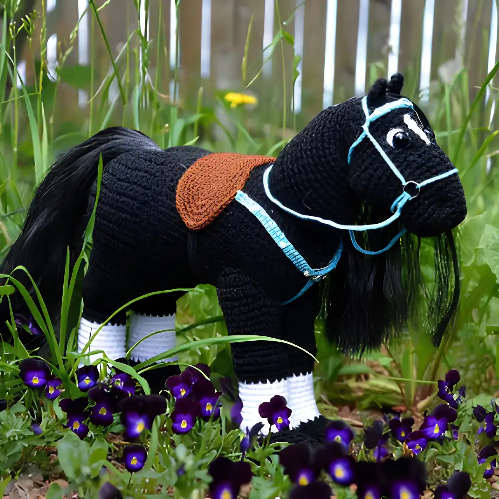 Cavalo preto em amigurumi com sela marrom, acessórios azul-claro e patas com detalhes brancos