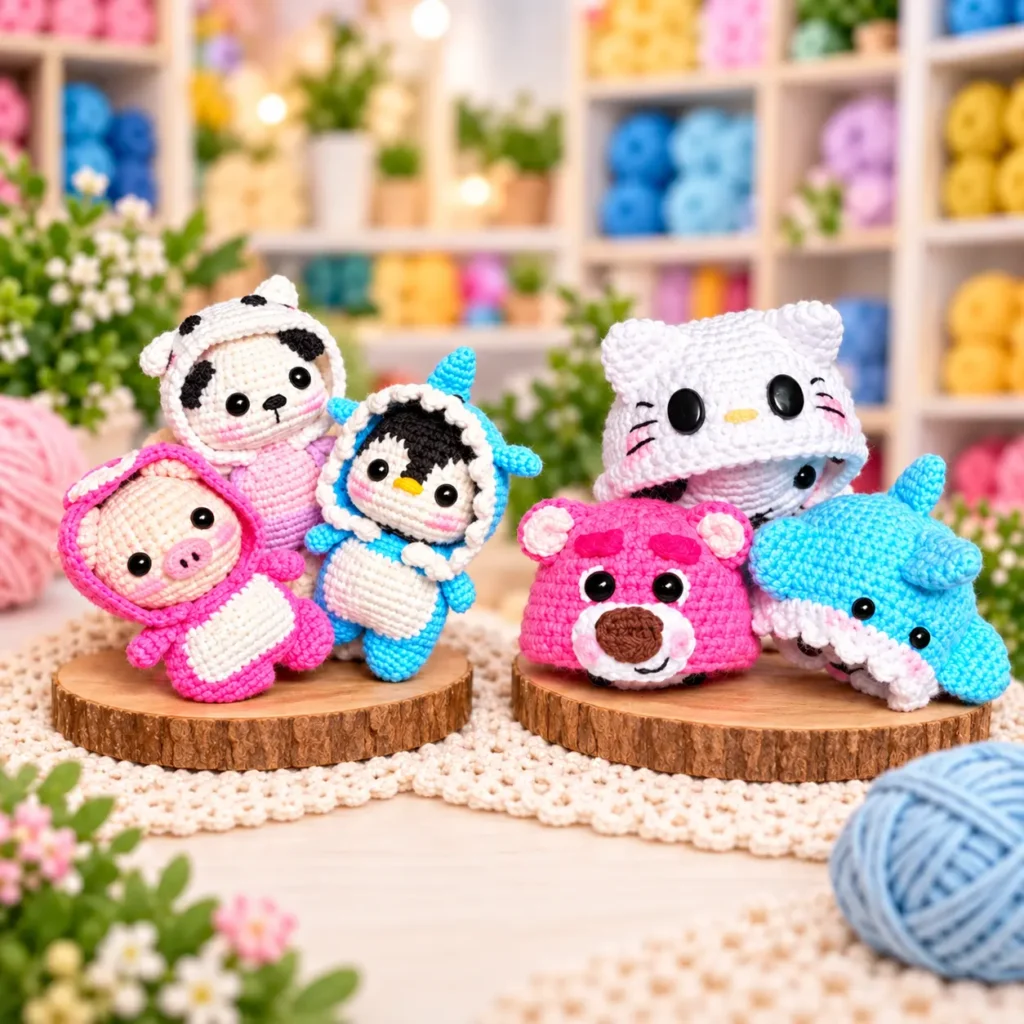 Seis bichinhos fantasiados em amigurumi nas cores rosa, azul, branco e preto