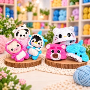 Seis bichinhos fantasiados em amigurumi nas cores rosa, azul, branco e preto