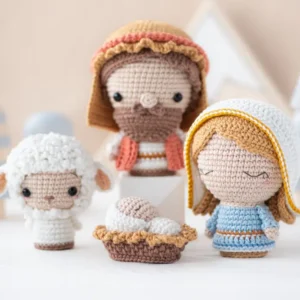 Presépio em amigurumi com Maria, José, Menino Jesus e ovelhinha