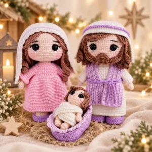 Sagrada Família em amigurumi com Maria de vestido rosa, José com roupa lilás e Menino Jesus em bercinho