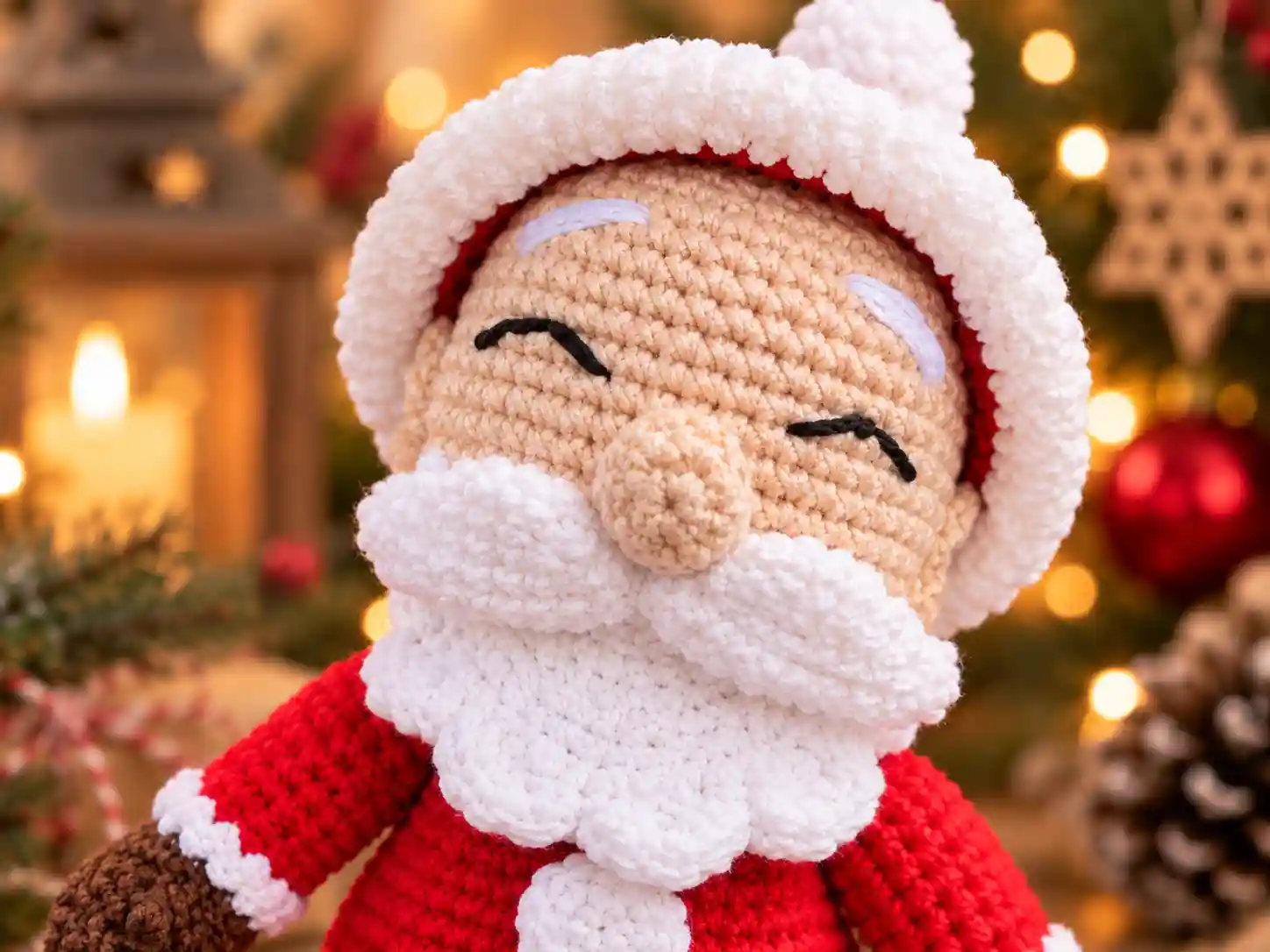 rosto do Papai Noel amigurumi com olhos bordados, nariz de crochê, bigode e barba branca