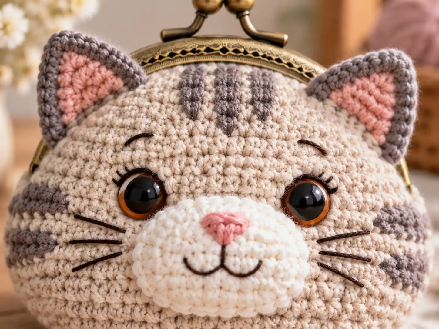 close do rosto do porta-moedas de gatinho em crochê com focinho, olhos e bigodes