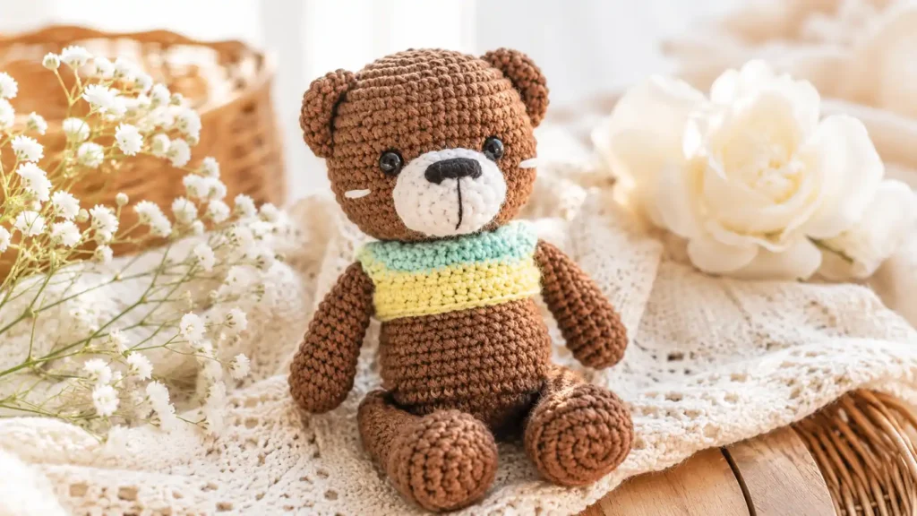 ursinho amigurumi marrom com focinho branco e blusa de crochê em tons suaves sobre manta delicada