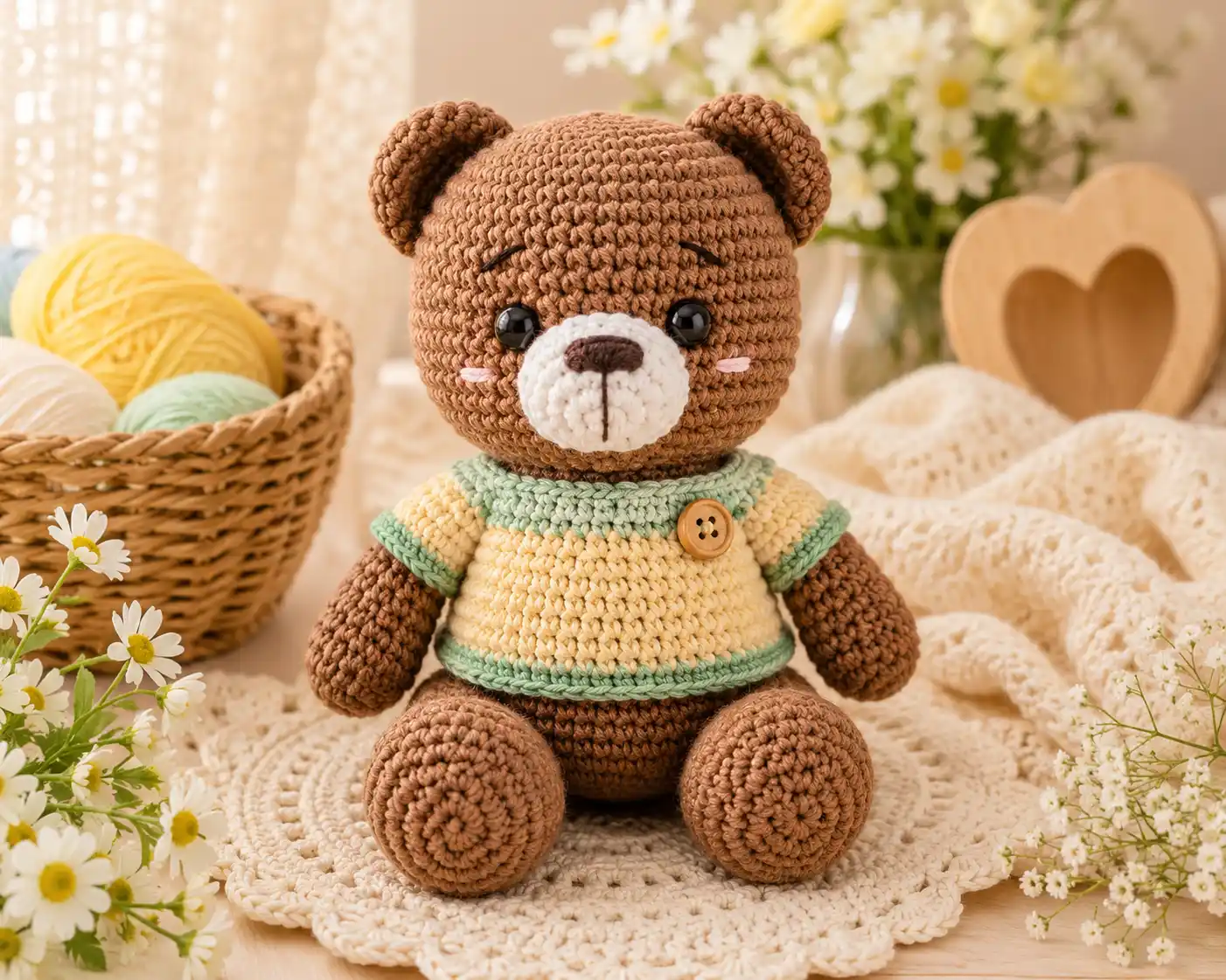 ursinho amigurumi marrom com focinho branco e blusa de crochê em tons suaves sobre manta delicada