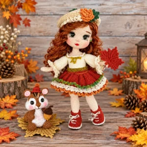 Receita Amigurumi em PDF: Boneca Outonal com Esquilo