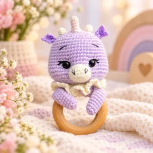 Receita Chocalho Unicórnio Lilás com Argola de Madeira Amigurumi PDF