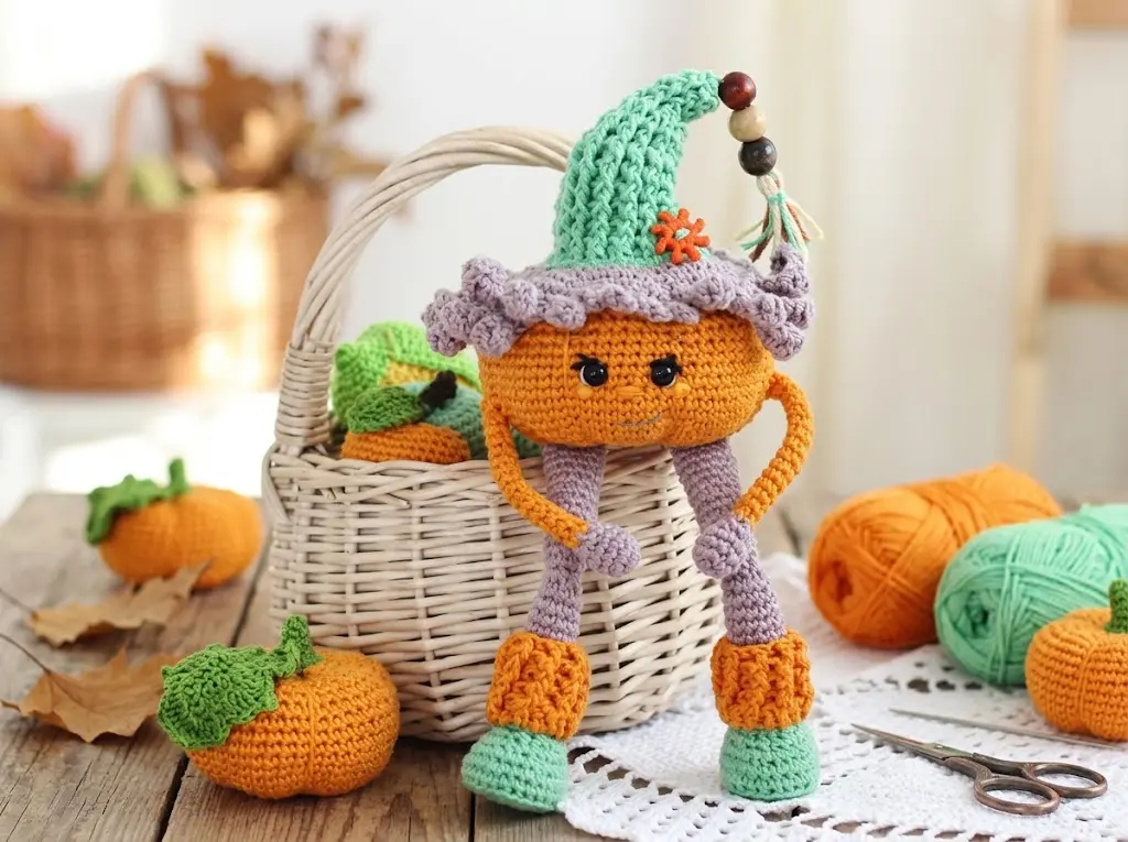 "Boneca abóbora amigurumi em crochê com roupinha verde e laranja, cabelos cacheados marrons e gorro rústico"